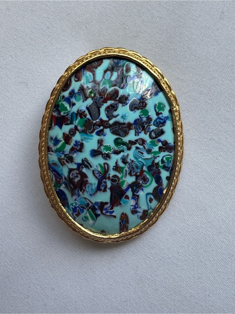 Oval Glass Mosaic Brooch in Aqua and Multicolor with Gold Frame